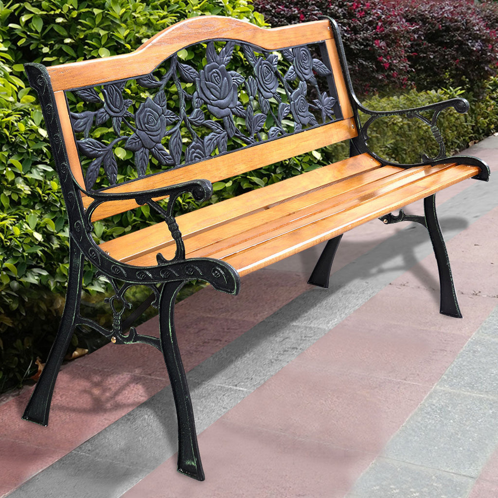 Banco Exterior de Madera con Respaldo Metálico Ornamental