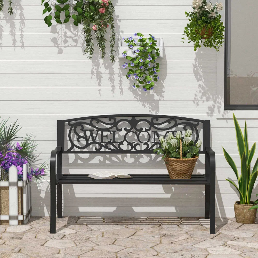 Banco de Jardín Exterior con Respaldo Decorativo de Bienvenida