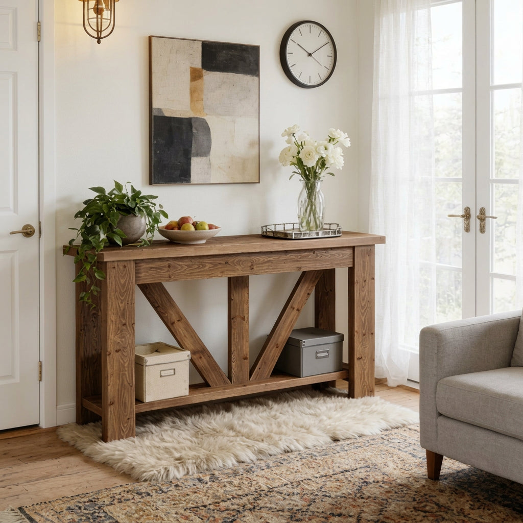 Mesa Consola Alargada de Madera Maciza con Estilo Rústico