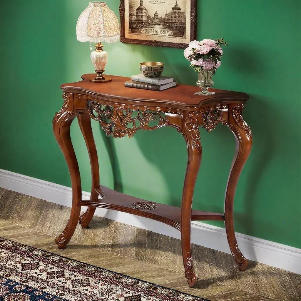 Mesa Consola Vintage Tallada de Dos Niveles para Recibidores